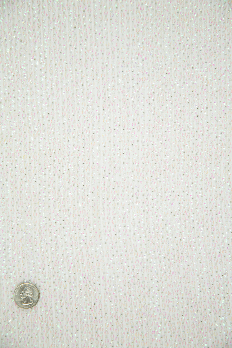 Iridescent White Sequins and Beads on Silk Chiffon Fabric