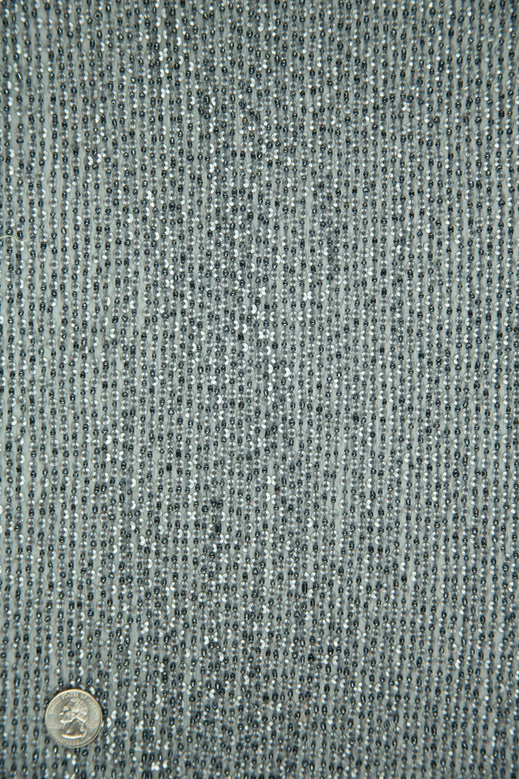 Gray Silver Sequins and Beads on Silk Chiffon Fabric