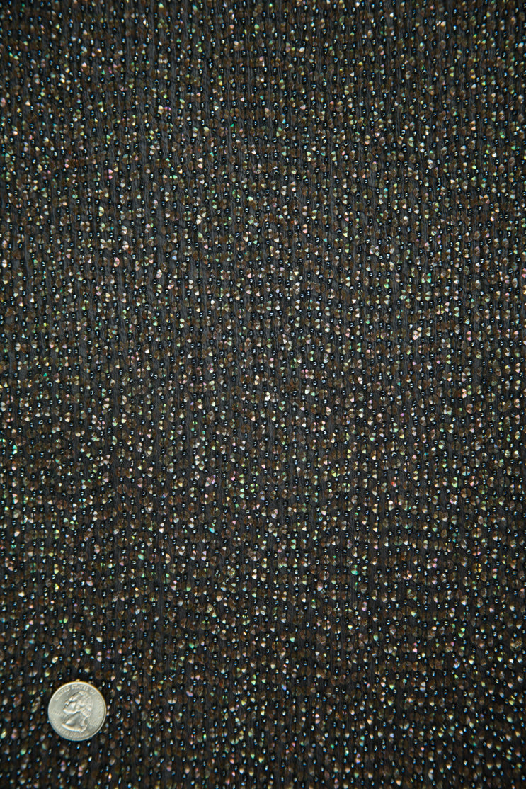 Black Dark Copper Sequins and Beads on Silk Chiffon Fabric