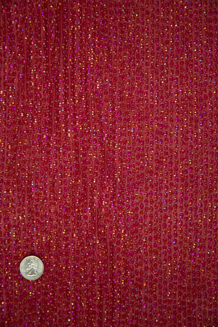 Red Sequins and Beads on Silk Chiffon Fabric