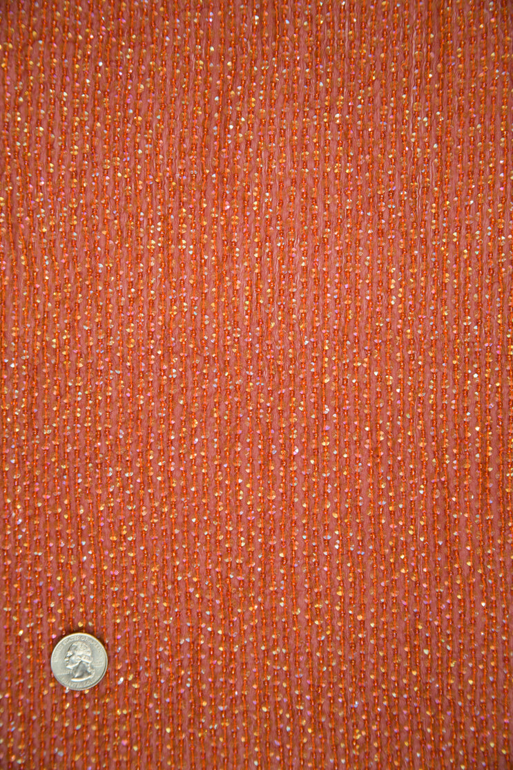 Red Orange Sequins and Beads on Silk Chiffon Fabric