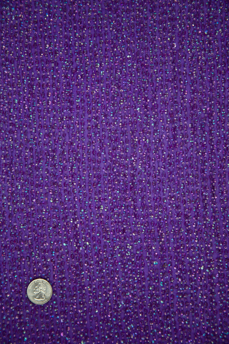 Purple Sequins and Beads on Silk Chiffon Fabric