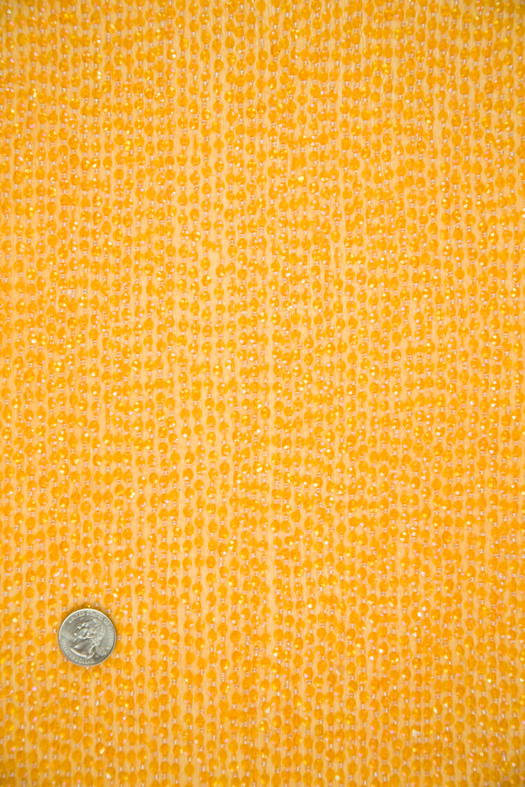 Bright Gold Sequins and Beads on Silk Chiffon Fabric