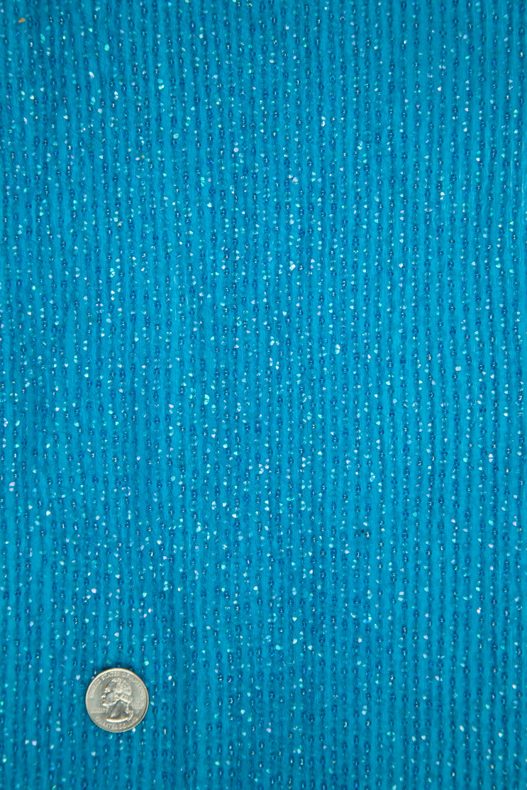 Blue Turquoise Sequins and Beads on Silk Chiffon Fabric