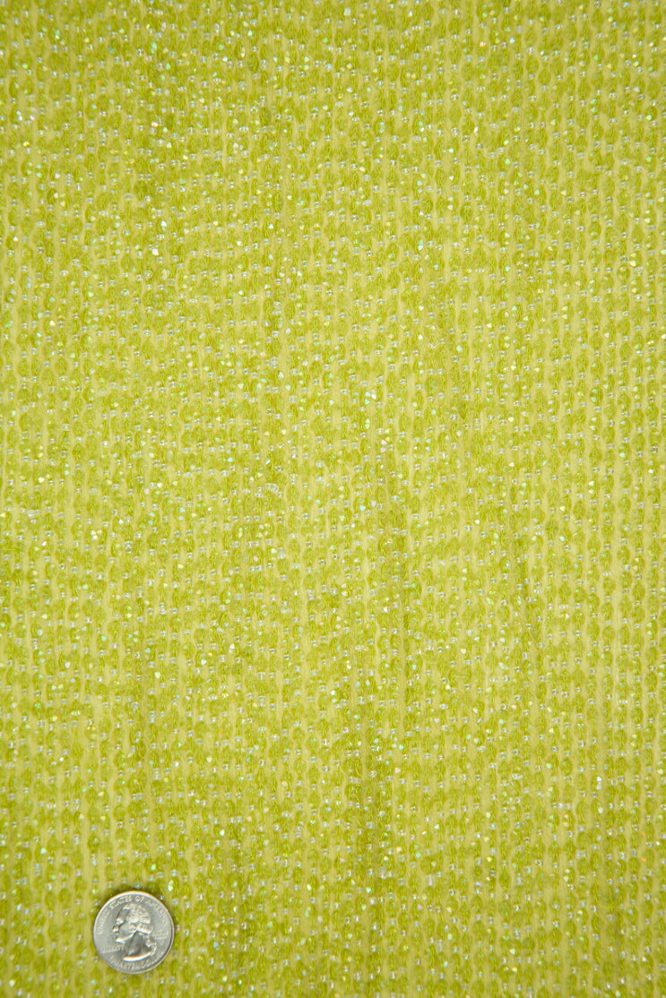 Lime Green Sequins and Beads on Silk Chiffon Fabric