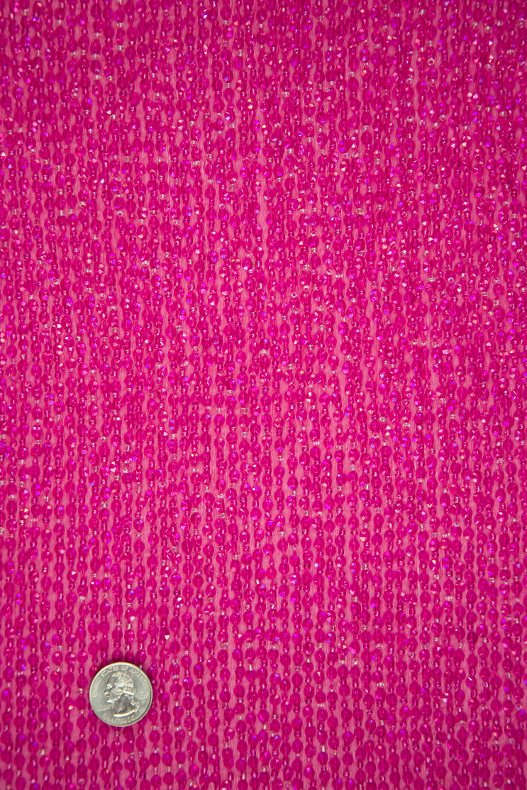 Fuchsia Pink Sequins and Beads on Silk Chiffon Fabric