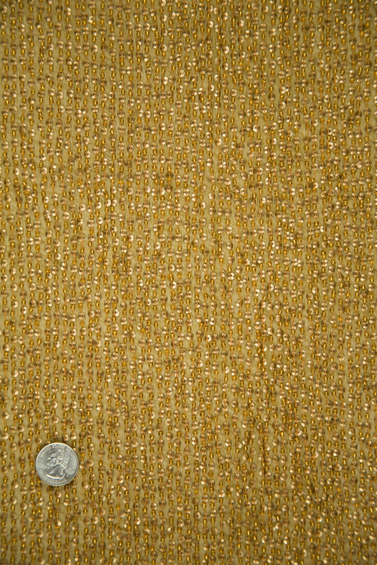 Old Gold Sequins and Beads on Silk Chiffon Fabric