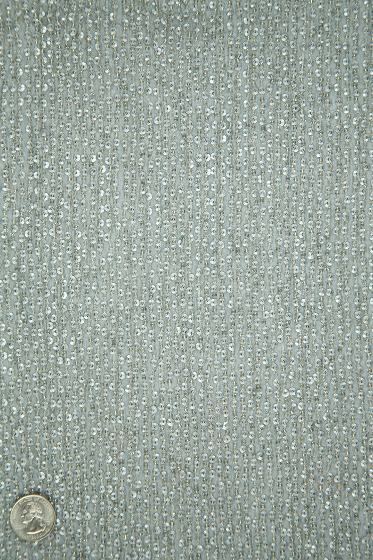 Matte Silver Sequins and Beads on Silk Chiffon Fabric