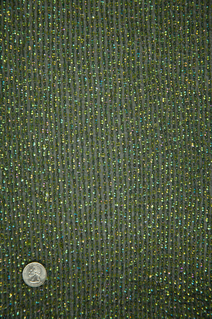 Moss Green Sequins and Beads on Silk Chiffon Fabric