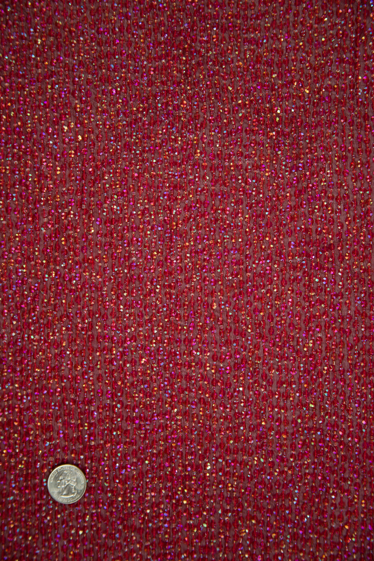 Purple Red Sequins and Beads on Silk Chiffon Fabric