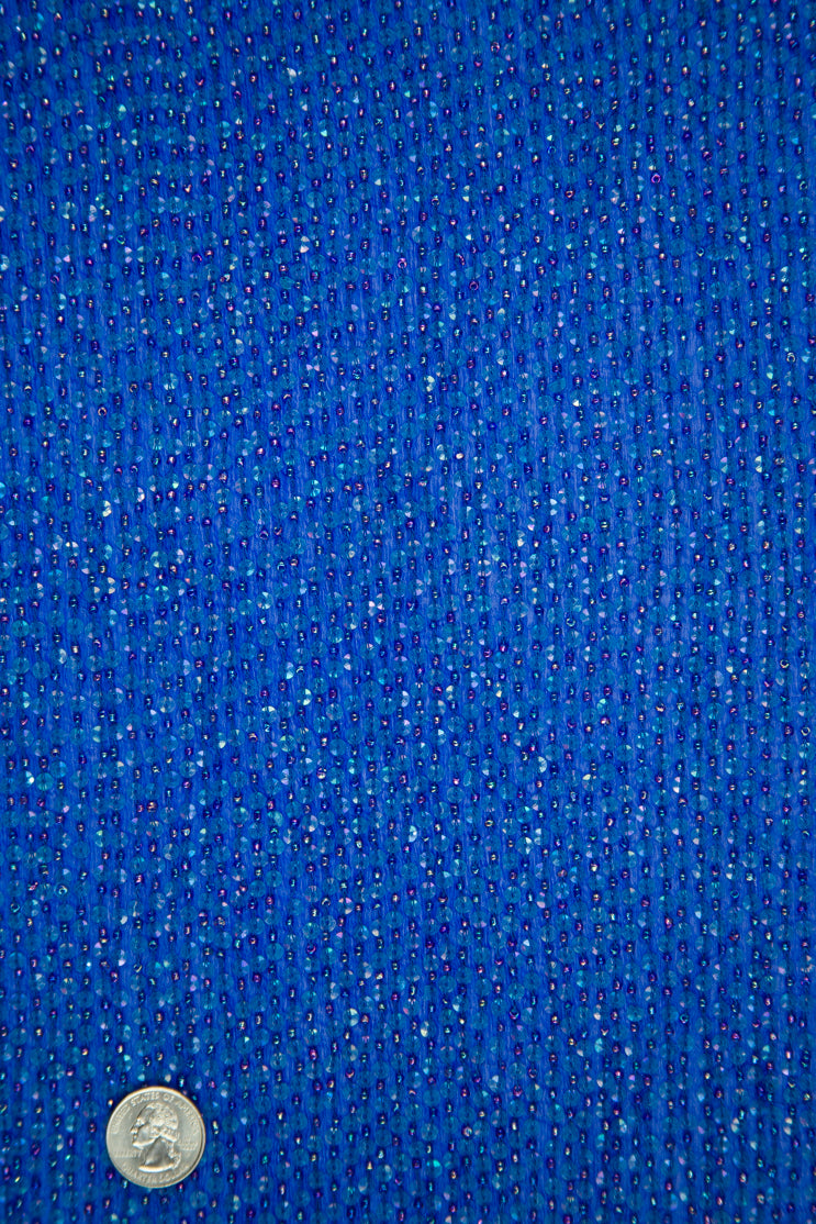 Sapphire Blue Sequins and Beads on Silk Chiffon Fabric