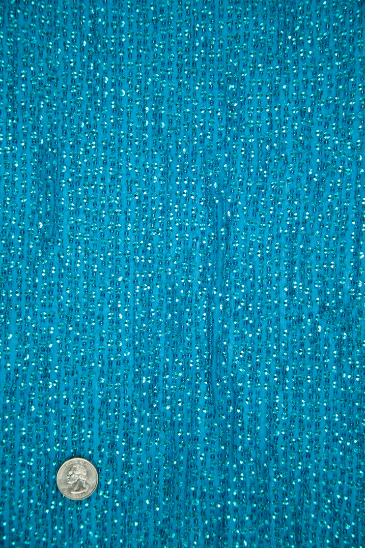 Aqua Blue Sequins and Beads on Silk Chiffon Fabric