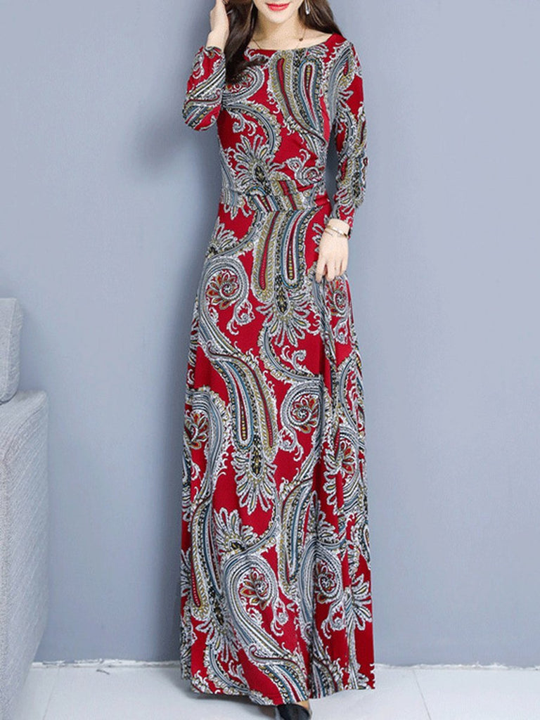 round neck printed maxi dress