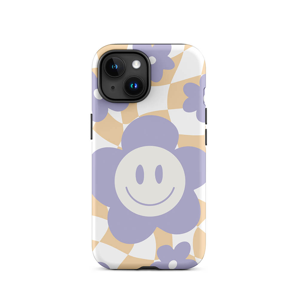 Smiling Pastel Flower Checkered Pattern iPhone 15 14 Rugged Case