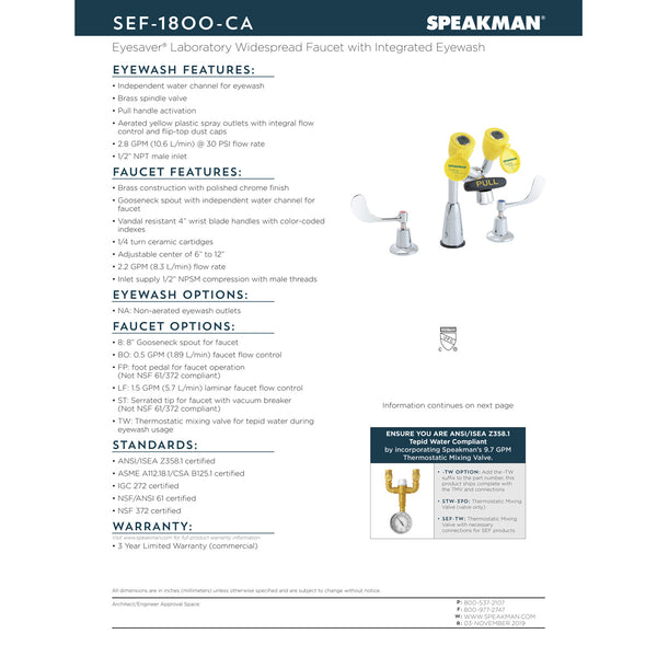 Speakman SEF-1800-CA-8-TW Eyesaver Lead Free Eyewash Faucet 