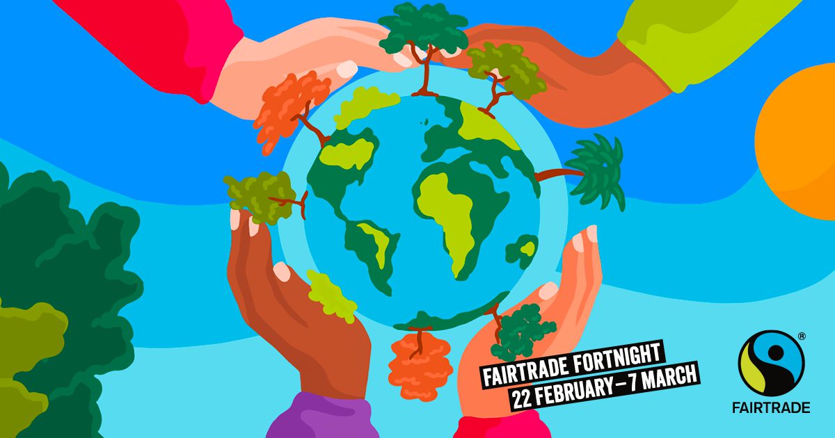 Illustration of hands surrounding earth for fairtrade fortnight