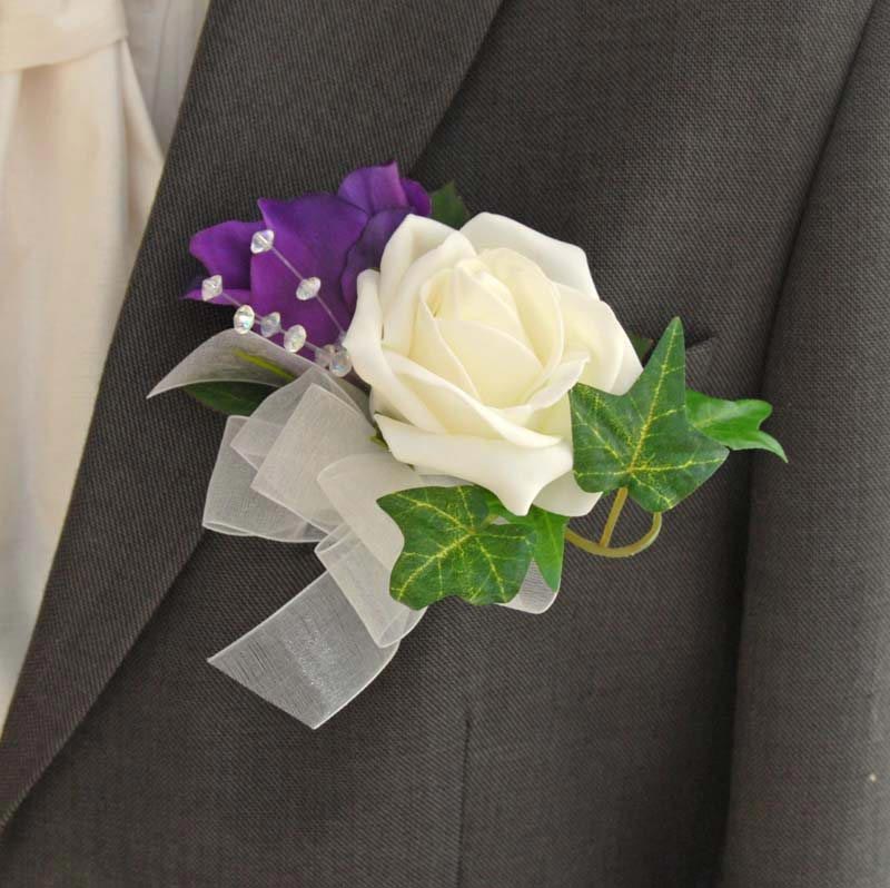 Grooms Purple Silk Lisianthus Ivory Rose And Crystal Spray Buttonhole