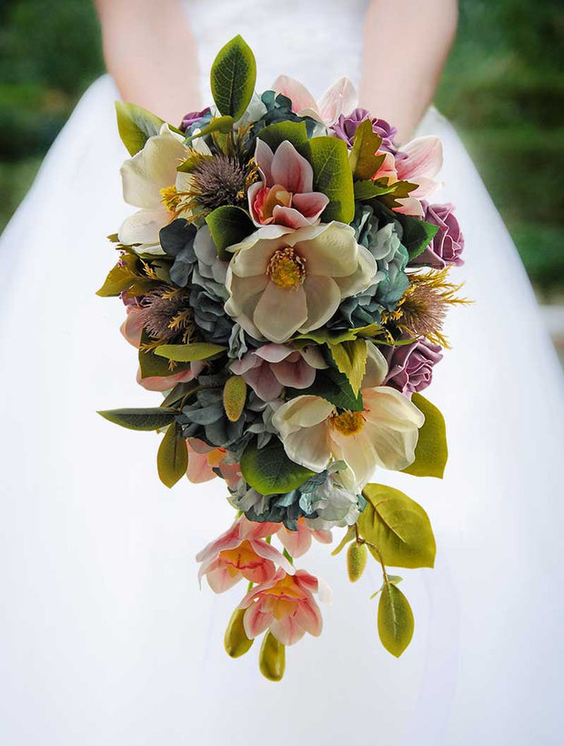 Brides Ivory Magnolia, Teal Hydrangea & Pink Orchid