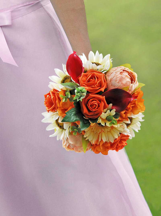 Brides Burnt Orange Silk Hydrangea, Rose, Pink Peony & Ivory Sunflower Wedding Bouquet