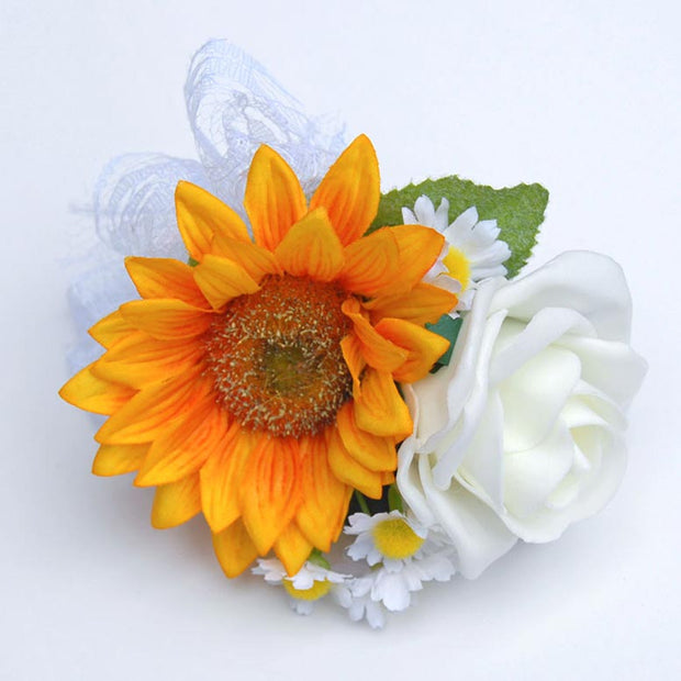 Grooms Ivory Rose Silk Daisy And Golden Sunflower Wedding Buttonhole Sarahs Flowers 8103