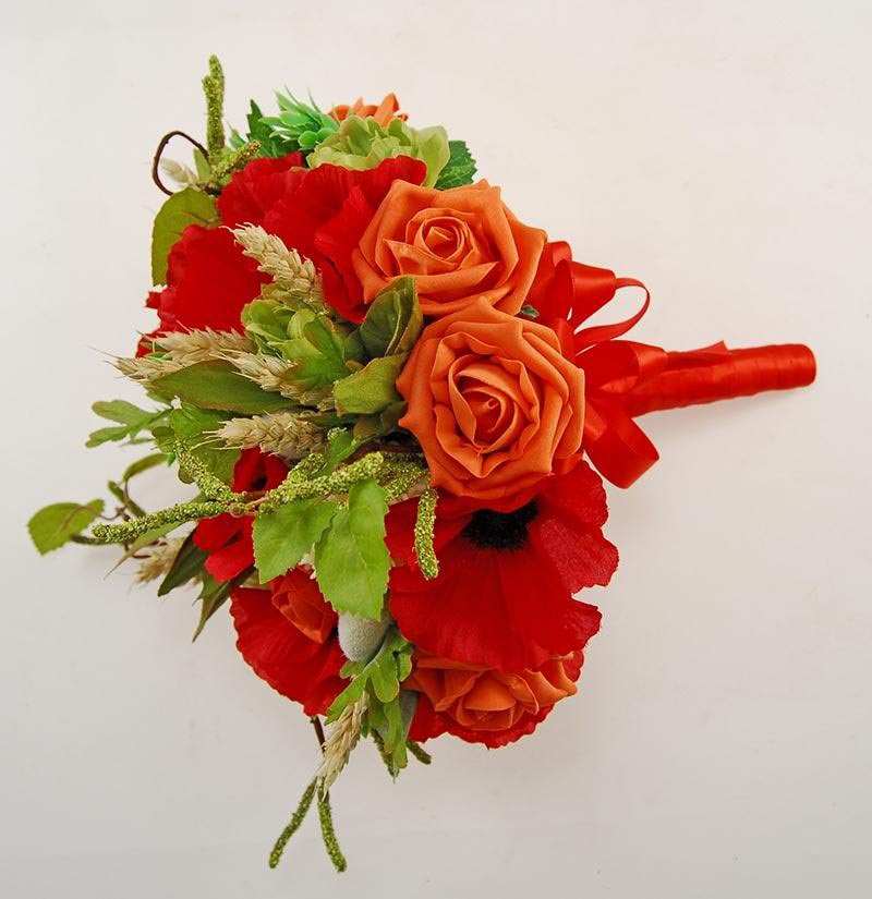 Brides Red Silk Poppy, Orange Rose Hops & Wheat Wedding