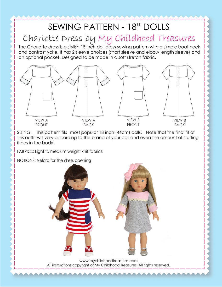 18 inch doll dress sewing pattern TREASURIE
