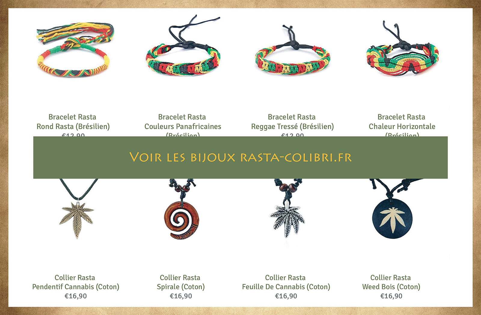 Collection de bijoux rastafaris, colliers et bracelets