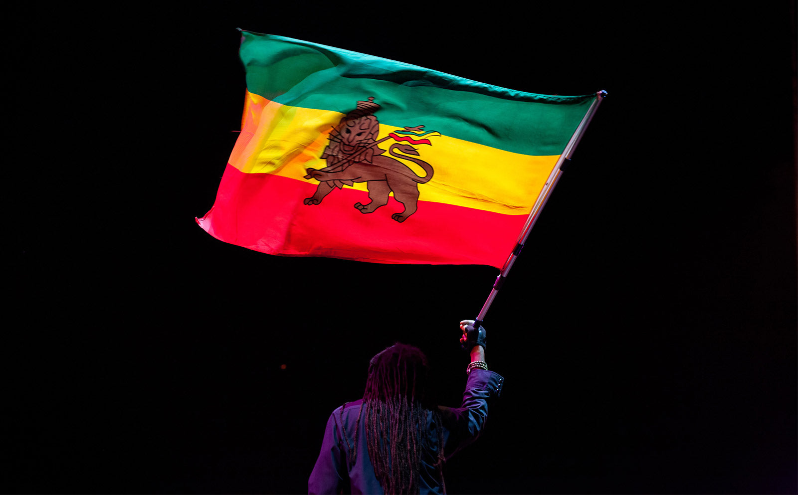 Homme rasta brandissant drapeau de l'Éthiopie avec Lion de Juda