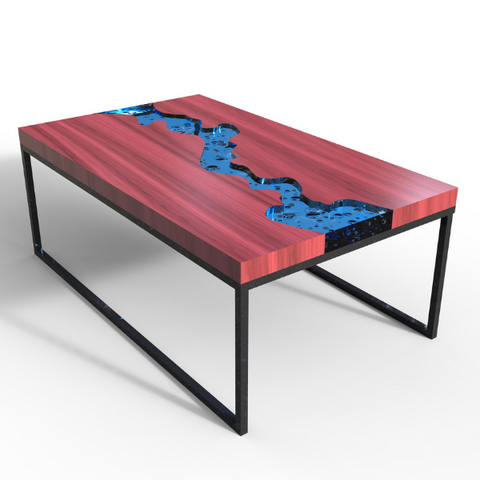 An epoxy river table wiht red wood and a blue epoxy vein
