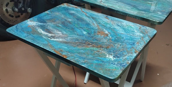 Two blue standing trays made with epoxy resin