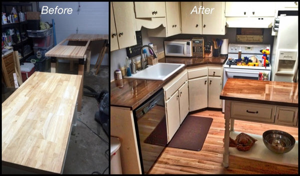 A before-and-after image of a large epoxy countertop project