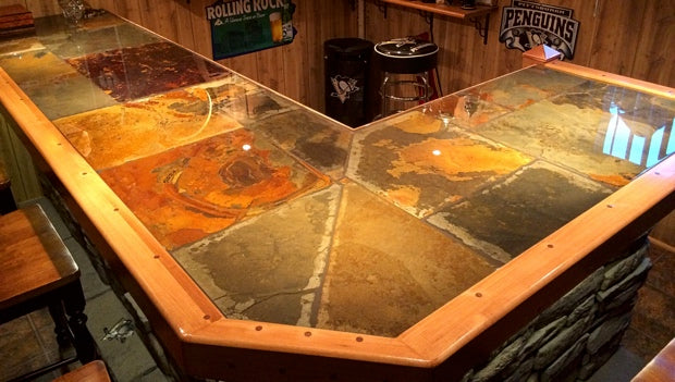 An epoxy countertop with an epoxy flood coat