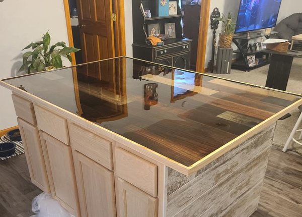 A wooden epoxy kitchen countertop.