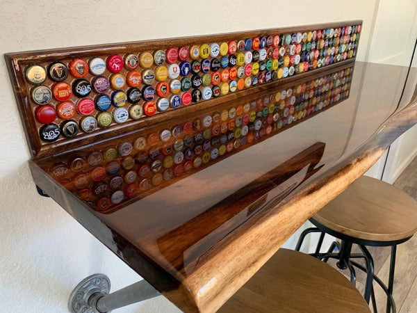 An epoxy bottle cap bar top backsplash