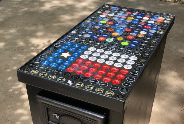 An epoxy cabinet with embedded bottlecaps