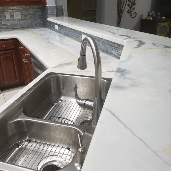A marble countertop with a coating of UltraClear Bar & Table Top Epoxy.