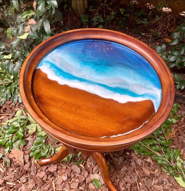 An ocean beach themed epoxy mini table