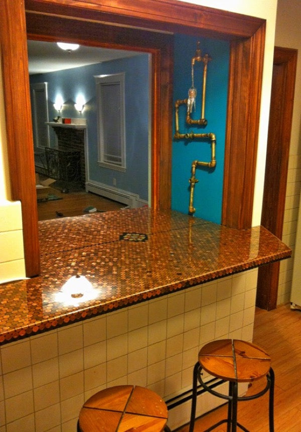 An epoxy penny countertop, with a windowed view