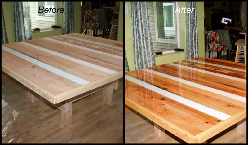 Before and after photos of a table top epoxy project