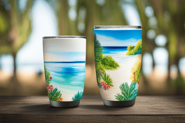 Two epoxy tumblers with beach-themed imagery.