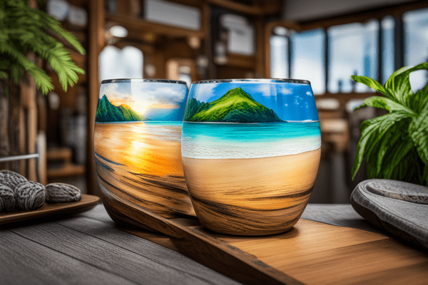 Two epoxy cups, with a tropical art theme.