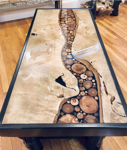 An epoxy river coffee table