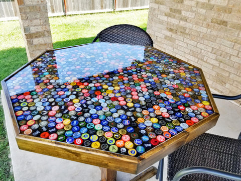 A bottlecap epoxy poker table
