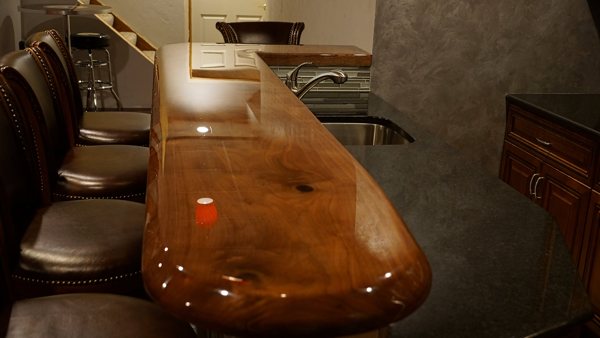 A wooden epoxy bar top.