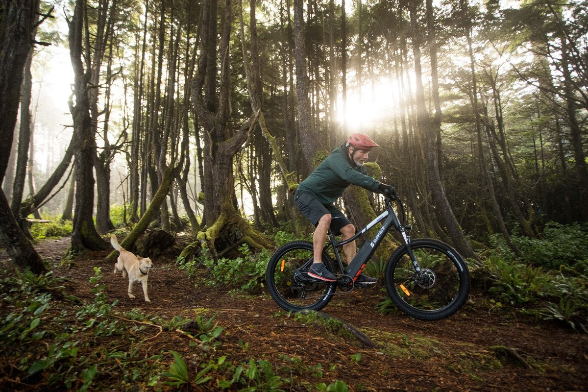 Man riding Shred eMTB through forest