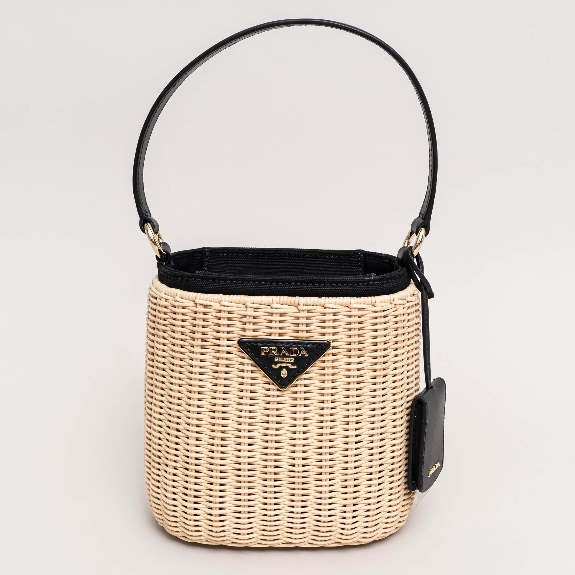 PRADA 1BE062 Wicker and Canvas Bucket Bag Black – dot bianco