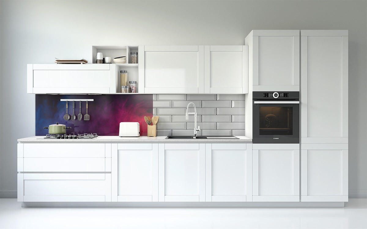 Kitchen mockup with tiles and glass splashback