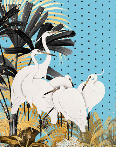 Vintage Japanese Egret Birds with Gold Ferns with Grey Polka Dot and Blue Background - Maximalist Hollywood Regency Wall Art Print