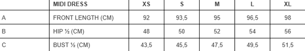 MIdi dress size chart