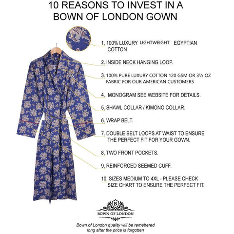 10 Reasons to invest in a Bown of London - Lightweight Men's Dressing Gown - Gatsby Paisley BlueGown Content